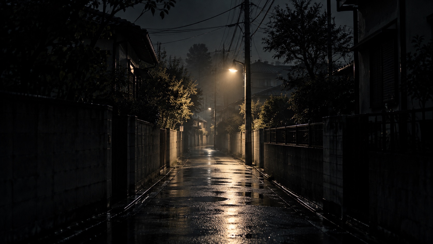 街灯に照らされた雨上がりの夜道のイメージ